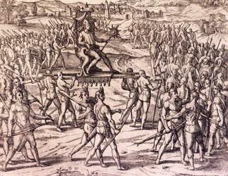 El emperador inca Atahualpa derrotado por las tropas españolas de Francisco Pizarro (1475-ca. 1541), Perú, grabado de Historia americana de Theodore de Bry (1528-1598), Fráncfort