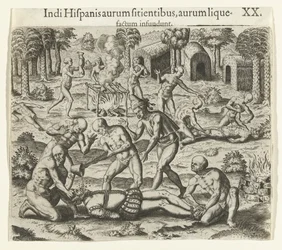 Indios vertiendo oro líquido en la boca de un español, 1594