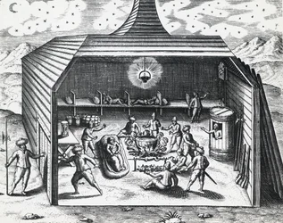 Interior de la casa de invierno de William Barents en el archipiélago ruso de Novaya Zemlya, por Theodor de Bry, grabado