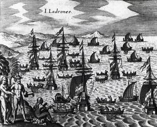 Islas de los Ladrones (hoy Islas Marianas), grabado de Peregrinationes, por Theodor de Bry (1528-1598). Siglo XVI
