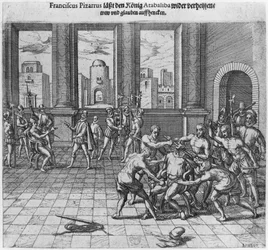 El rey Atahualpa ejecutado en Cajamarca por orden de Francisco Pizarro, 1533