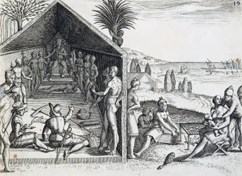 Rey recibiendo visitantes europeos, Cabo López, Gabón, grabado de India orientalis por Theodor de Bry, África