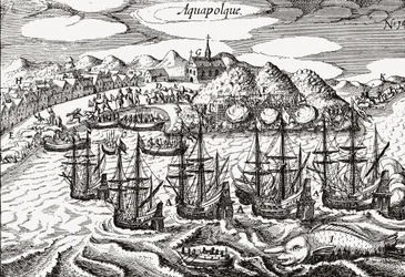 México, Vista de Acapulco - México (Aquapolque), Theodore de Bry, ca. 1630. Vista temprana del asentamiento colonial en Acapulco, que los españoles usaban como el principal puerto para su comercio del Pacífico con Filipinas. El puerto está lleno de galeon