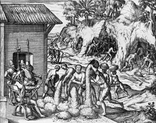 Minería de minerales en América Central y del Sur, grabado de Americae pars V, por Theodor de Bry