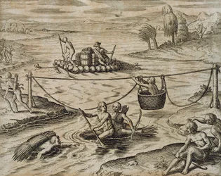 Indios nativos americanos bajando rápidos del río