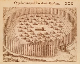 Aldea nativa en Florida, ilustración de El Discurso de Florida