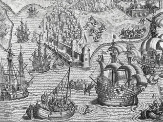 Batalla naval, grabado de Historia Americana por Theodore de Bry, Frankfurt