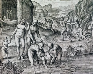 Remedios utilizados por los nativos contra enfermedades, grabado de Historia America, de Theodor de Bry, Frankfurt