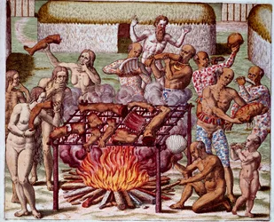 Escena de canibalismo en Brasil Los indios devoraban a sus enemigos y prisioneros. Grabado de “Admirante Narratio Americae” de Theodore de Bry (1528-1598)