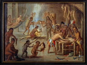 Escena de canibalismo en Brasil en 1644. Los indios devoraban a sus enemigos y prisioneros. Pintura de Jan van Kessel el viejo, de una ilustración de los viajes de Theodore de Bry a Brasil