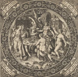 Escena con una fiesta de amor en un círculo en el centro, 1580-1600