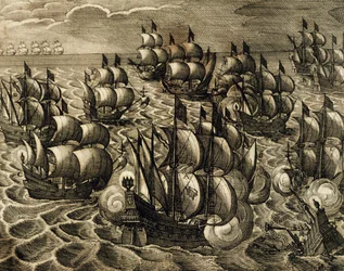 Armada Española bajo el mando de Rodrigo Mendoza, grabado por Theodore de Bry (1528-1598) tomado de la Historia de América por Theodore de Bry, España, 1602