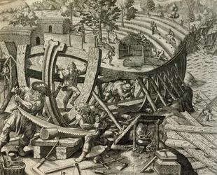 Marineros españoles construyendo carabela, grabado de Historia Americae, por Theodor de Bry (1528-1598)