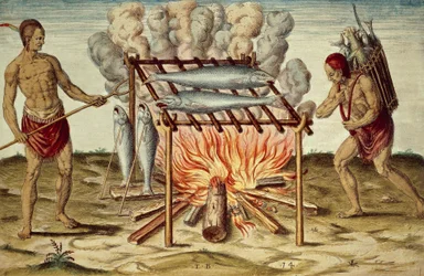 Indígenas taínos cocinando pescado, grabado en color de Theodor de Bry (1528-1598) a partir de una pintura de John White, de Brief and true report of new found land of Virginia