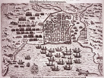 La flota de Francis Drake ocupa la isla de Santo Domingo (Grabado)
