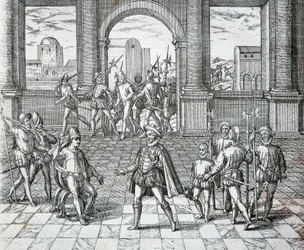 El rey inca Atahualpa siendo capturado por los españoles en Cajamarca, Ilustración de Historia Americana por Theodore de Bry