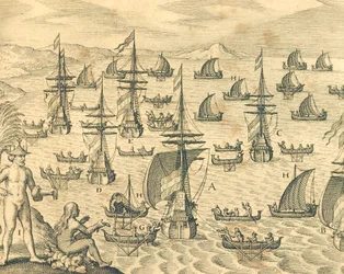 La Isla de los Ladrones, grabado de la Historia Americana de Theodore de Bry, América del Norte, siglo XVII