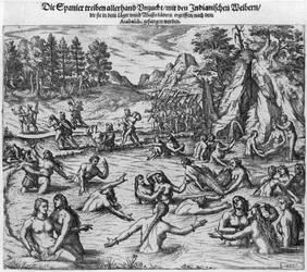 Los españoles maltratando a las mujeres indias después de la captura del rey Atahualpa (c. 1502-33) en 1532