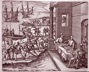 Los conquistadores españoles Francisco Pizarro, Diego de Almagro y Hernando de Luque unieron fuerzas para conquistar Perú (grabado)