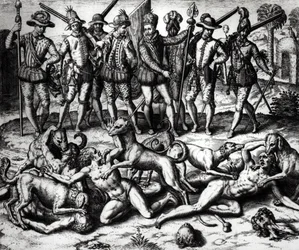 Los perros de Vasco Núñez de Balboa (1475-1571) atacando a los indios