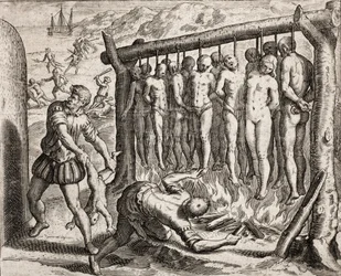 Trece víctimas ahorcadas y quemadas, representación de crímenes infligidos a los indios por colonos españoles de 