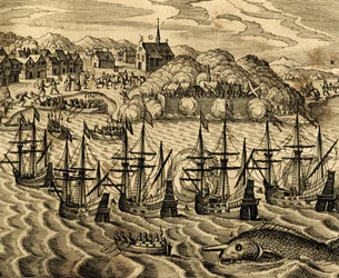 Vista del puerto de Acapulco en México, grabado de Historia Americae, por Theodor de Bry (1528-1598), Frankfurt