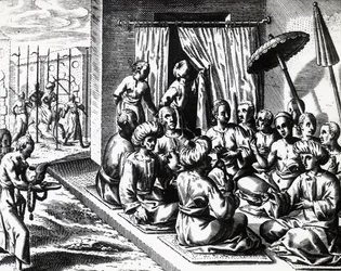 Ceremonia de boda en Bantam, Isla de Java, por Theodor de Bry, grabado