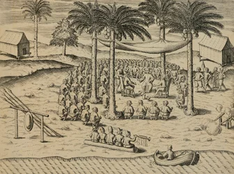 Bienvenida de los nativos africanos indígenas, Ilustración del Indiae Orientalis de Antonio Pigafetta, por Theodore de Bry