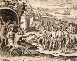Bienvenida a los holandeses, grabado de la obra India orientalis, por Theodor de Bry (1528-1598), Indonesia