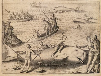 Caza de ballenas cerca de Spitsbergen, grabado por Theodor de Bry de India Orientalis