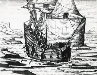 Barco de William Barents durante la tercera expedición holandesa en busca del Paso del Noreste, por Theodor de Bry, grabado