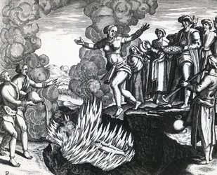 Mujer arrojándose a la pira de su esposo, por Theodor de Bry, grabado