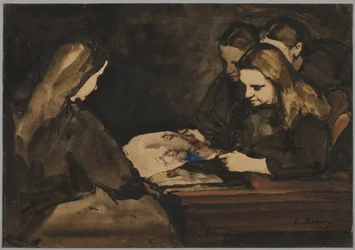 cuatro chicas estudiando un dibujo