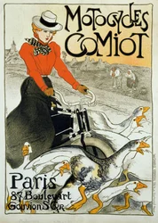 Cartel publicitario para motocicletas Comiot. Una joven en un ciclomotor entre un grupo de gansos. Cartel de Theophile Alexandre Steinlen (1859-1923). 1899. París, artes decorativas