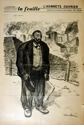 Dibujo de un trabajador de fábrica pobre contra un paisaje industrial, por Alexandre Steinlen (1859-1923), un pintor y grabador suizo-francés del Art Nouveau