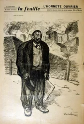 Dibujo de un trabajador de una fábrica pobre contra un paisaje industrial, por Alexandre Steinlen (1859-1923), un pintor y grabador Art Nouveau francés nacido en Suiza