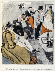 Filles et Marlous: Es la fiesta de los españoles: el notario paga el champán - en “Dans la vie”, por Steinlen 1901