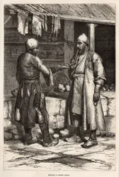 Un comerciante persa y fabricante de mulas en un pueblo de Armenia, grabado según un dibujo del autor, ilustrando el viaje en Lazistán y Armenia, por Theophile Deyrolles, en 1869, publicado en 