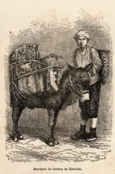 Un comerciante de carbón, con su burro, en Djewilisk (Anatolia del Norte), grabado después de un dibujo del narrador, ilustrando un viaje en Lazistán y Armenia, de 1869, por Theophile Deyrolle, publicado en 