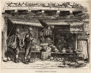 Una tienda de comestibles en Erzeroum (Armenia), grabado según un dibujo del autor, ilustrando el viaje en Lazistán y Armenia, por Theophile Deyrolles, en 1869, publicado en 