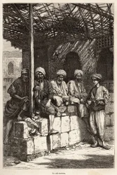Un café armenio, un lugar de convivencia masculina, para beber café y fumar la pipa, grabado según un dibujo del autor, ilustrando el viaje en Lazistán y Armenia, por Theophile Deyrolles, en 1869, publicado en 