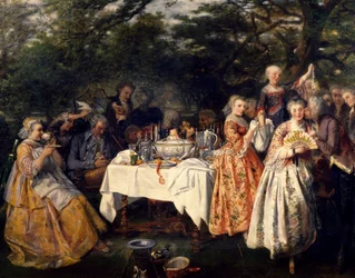 Picnic en el campo, en el jardín de una posada a las afueras de Estrasburgo, de Theophile Schuler (1821-1878), hacia 1750.