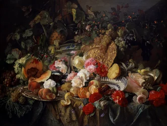 Bodegón de rosas y frutas. Pintura de Theude Gronland (1817-1876)
