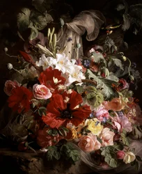 Naturaleza muerta de lirios, amapolas y rosas. Pintura de Theude Gronland (1817-1876) Colección particular.
