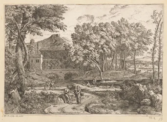 Paisaje arcádico con un rebaño de cabras junto al agua y una madre con un niño en un camino con otras figuras Suite de Paysages (título de la serie)