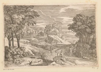 Paisaje arcádico con una mujer sentada junto a un jarrón y otras figuras. Suite de Paysages (título de la serie)
