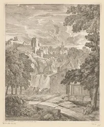 Paisaje arcádico con una cascada y una mujer debajo de un árbol Suite de paysages (título de la serie)