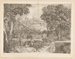 Paisaje arcádico con dos hombres y una mujer fructífera
