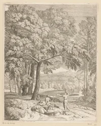 Paisaje arcádico con dos hombres y una mujer que llevan una cesta Suite de paysages (título de la serie)