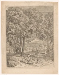 Paisaje arcádico con dos hombres y una mujer que llevan una cesta Suite de paysages (título de la serie)